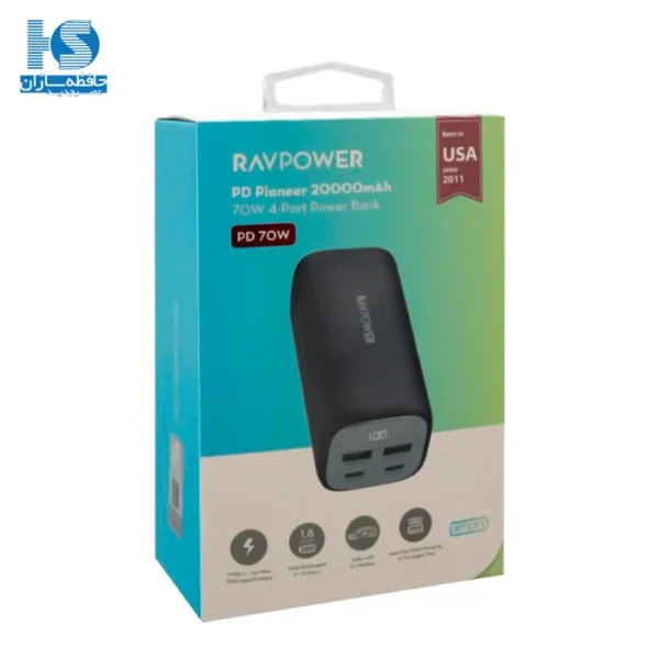 پاوربانک راوپاور RP-PB208Pro. پاور بانک راو پاور مدل RAVPower Power Bank RP-PB208PRO 20000MAH GaN PD65W 4-Port Portable Charger Offline Black