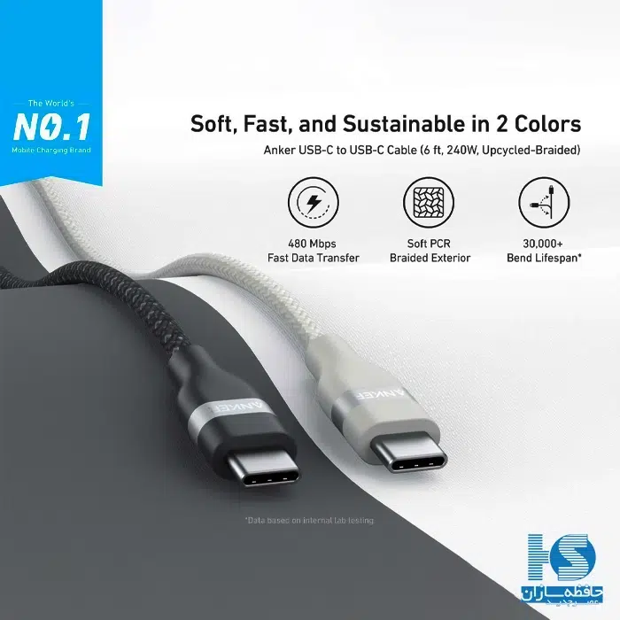 کابل انکر تایپ سی به تایپ سی قیمت کابل USB-C به USB-C شارژ و انتقال دیتا و اطلاعات Anker Ultra Soft مدل A82E2H11 به طول سه فوت با گارانتی خدمات طلایی ایستا