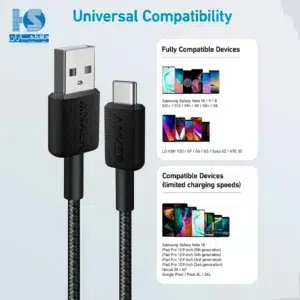 کابل انکر USB به تایپ سی مدل A81H5 قیمت سیم شارژ Anker مدل USB-A به USB-C سرعت انتقال ۴۸۰ Mbps روکش نایلون و پلی‌استر با گارانتی خدمات طلایی ایستا