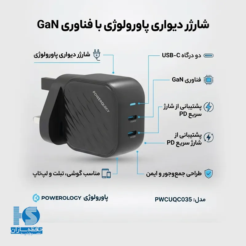 شارژر 45 وات پاورولوژی PWC035 آداپتور Powerology Dual-USB-C GaN