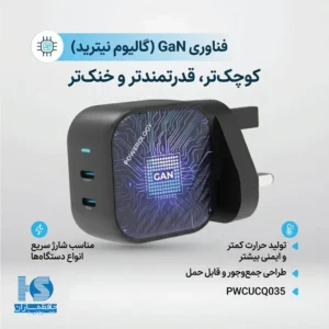 شارژر 45 وات پاورولوژی PWC035 آداپتور Powerology Dual-USB-C GaN