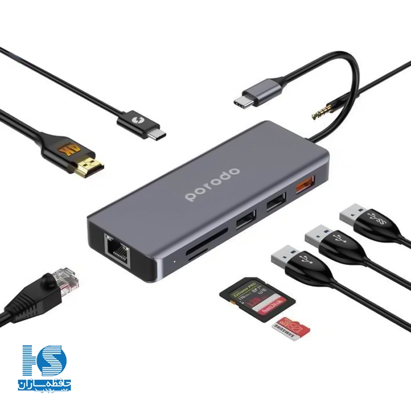 هاب 9 پورت پرودو تایپ سی با خروجی Ethernet و HDMI