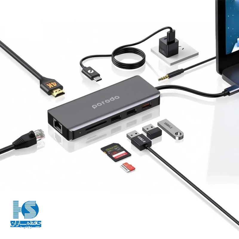 هاب 9 پورت پرودو تایپ سی با خروجی Ethernet و HDMI
