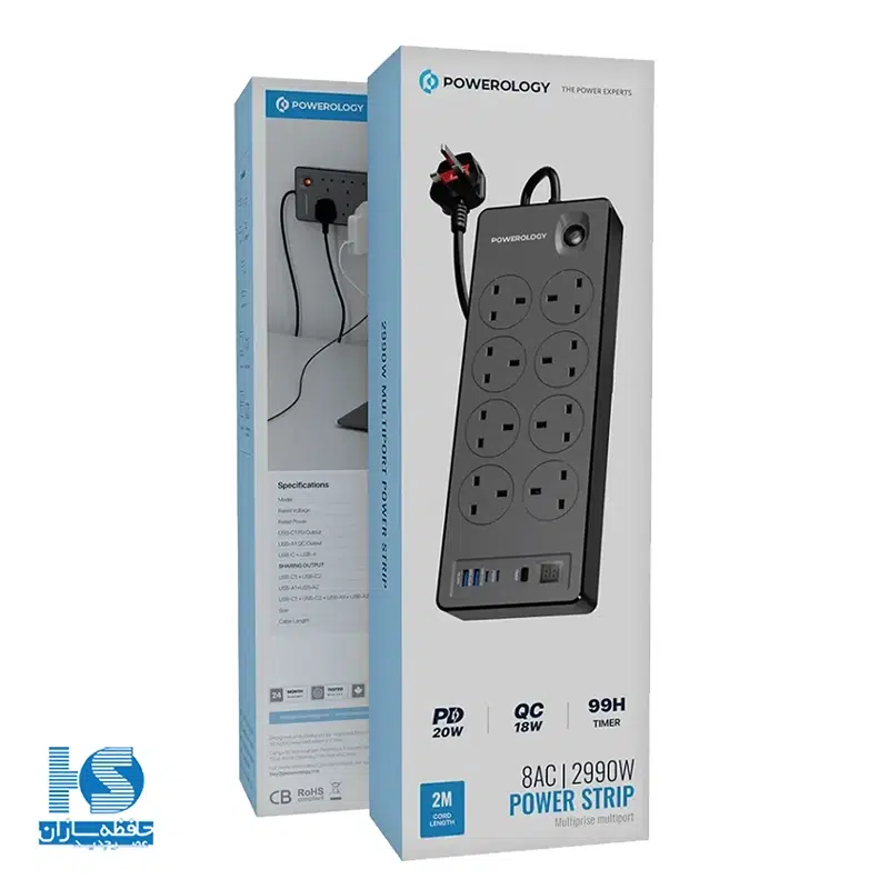چند راهی برق 8 سوکت 2990 وات پاورولوژی PWCUQC047BK Power Strip 8AC