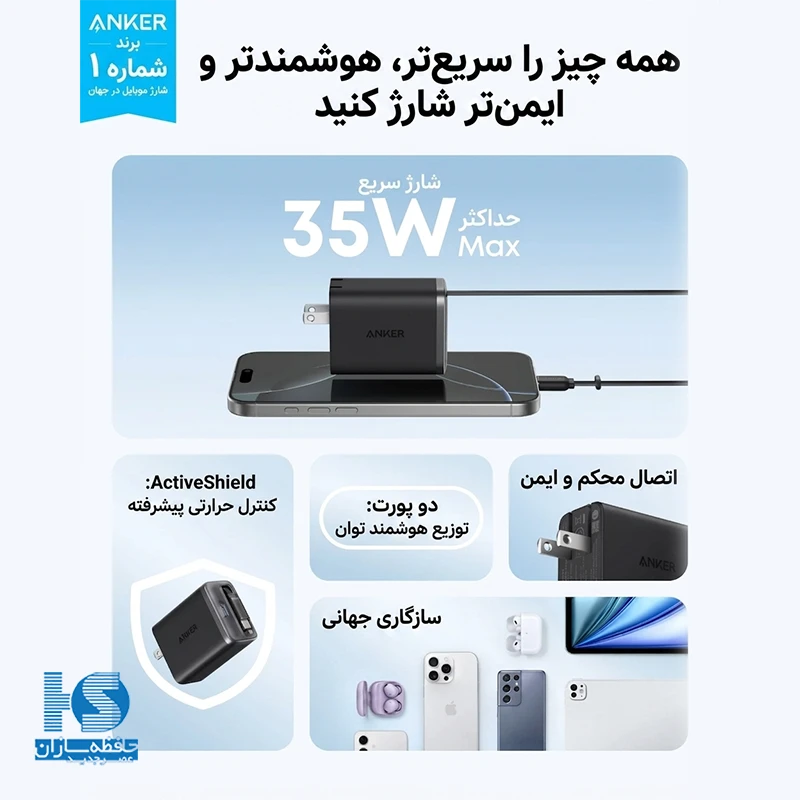 شارژر انکر 35 وات مدل A2658 با کابل متصل